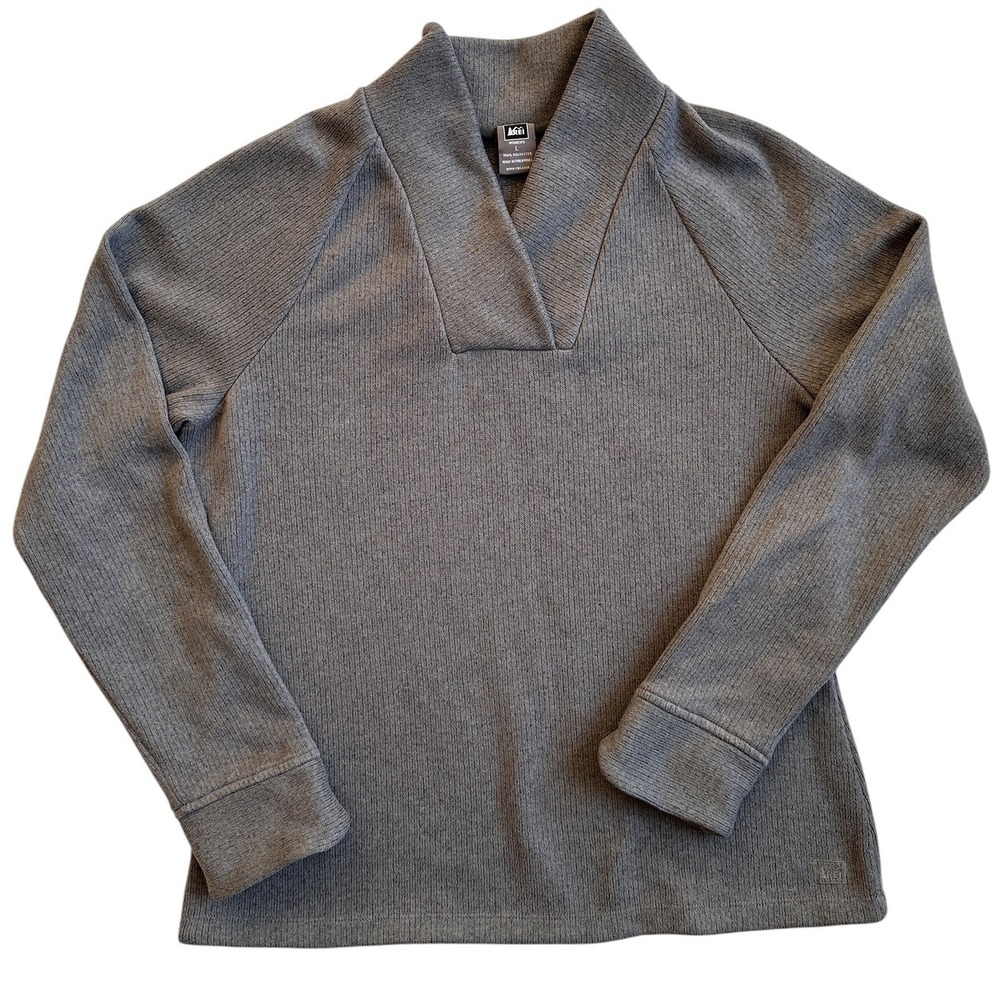 REI Pullover Top Women Large Gray Excellent Ribbed Shawl Neck Outdoor Hiking
